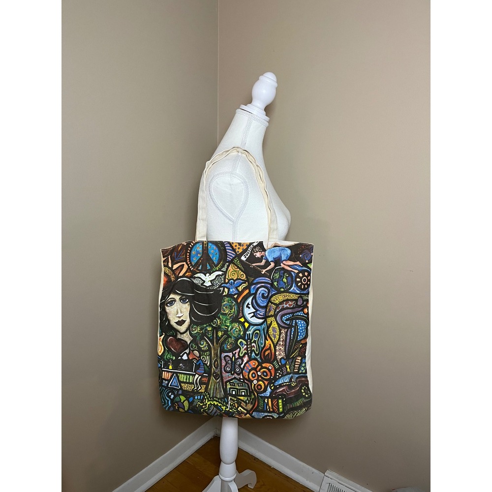 True Religion Fragrances World Tour Canvas Tote Bag Graphic Print Cream Multi